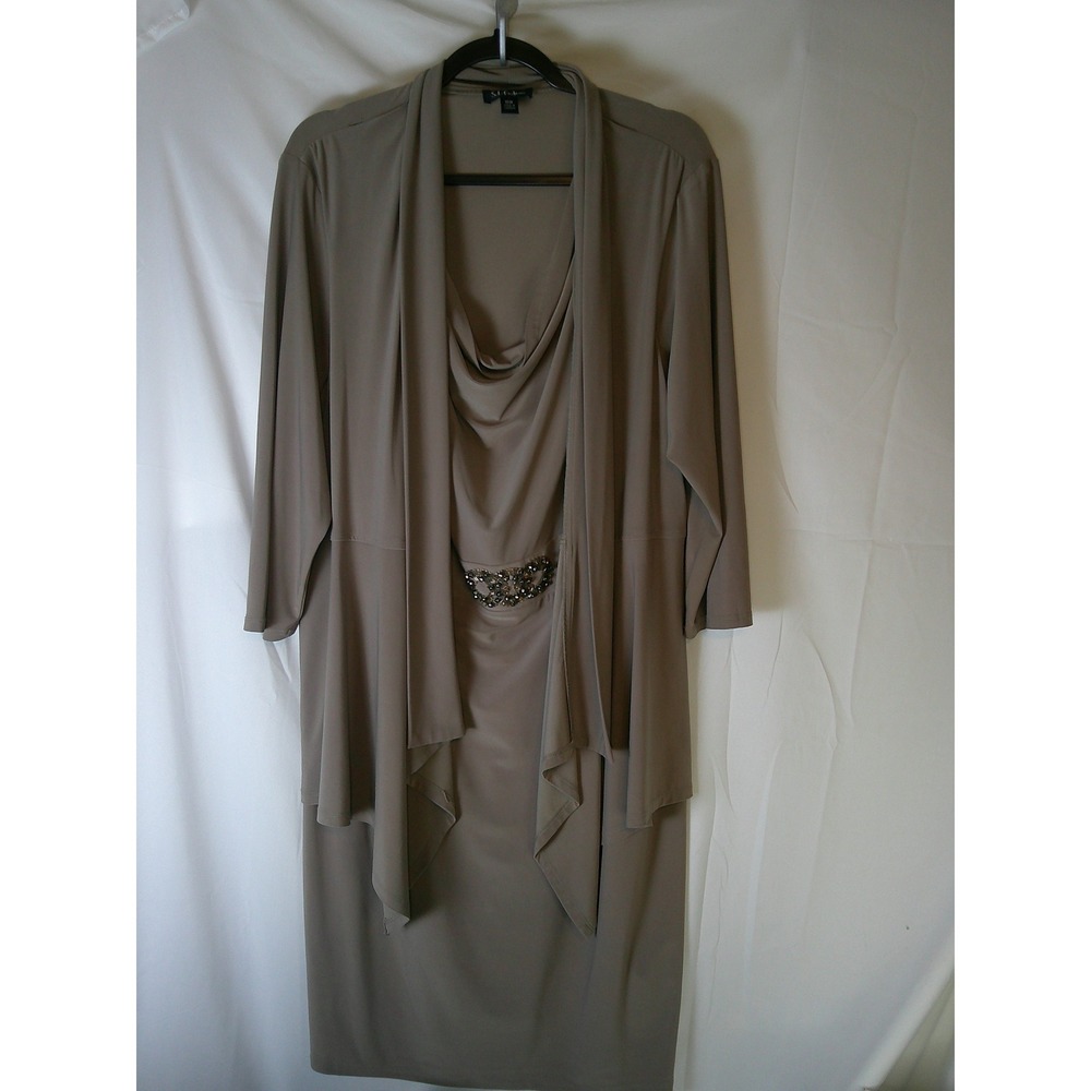S.L. Fashions Taupe Cowl Neck Dress & Jacket Set Rhinestone Waist Plus Size 16W